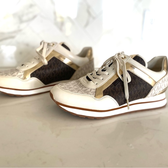 Michael Kors Women's Maddy Two-Tone Gold and Brown Logo Trainers Sz 10 - Picture 1 of 14